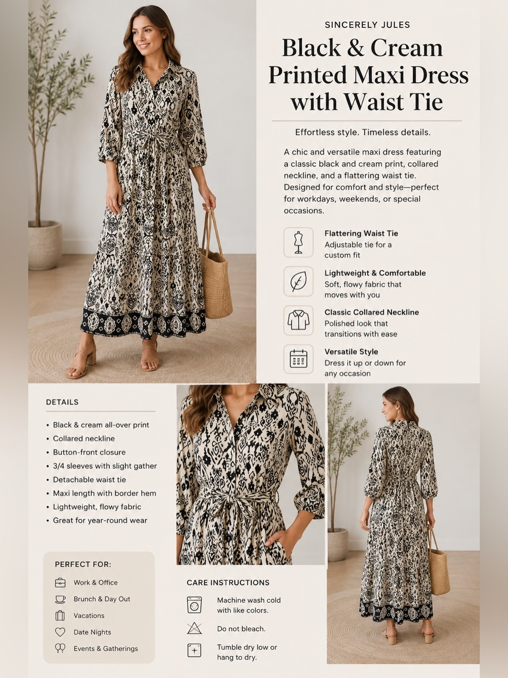 Sincerely Jules Black & Cream Printed Maxi Dress with Waist Tie